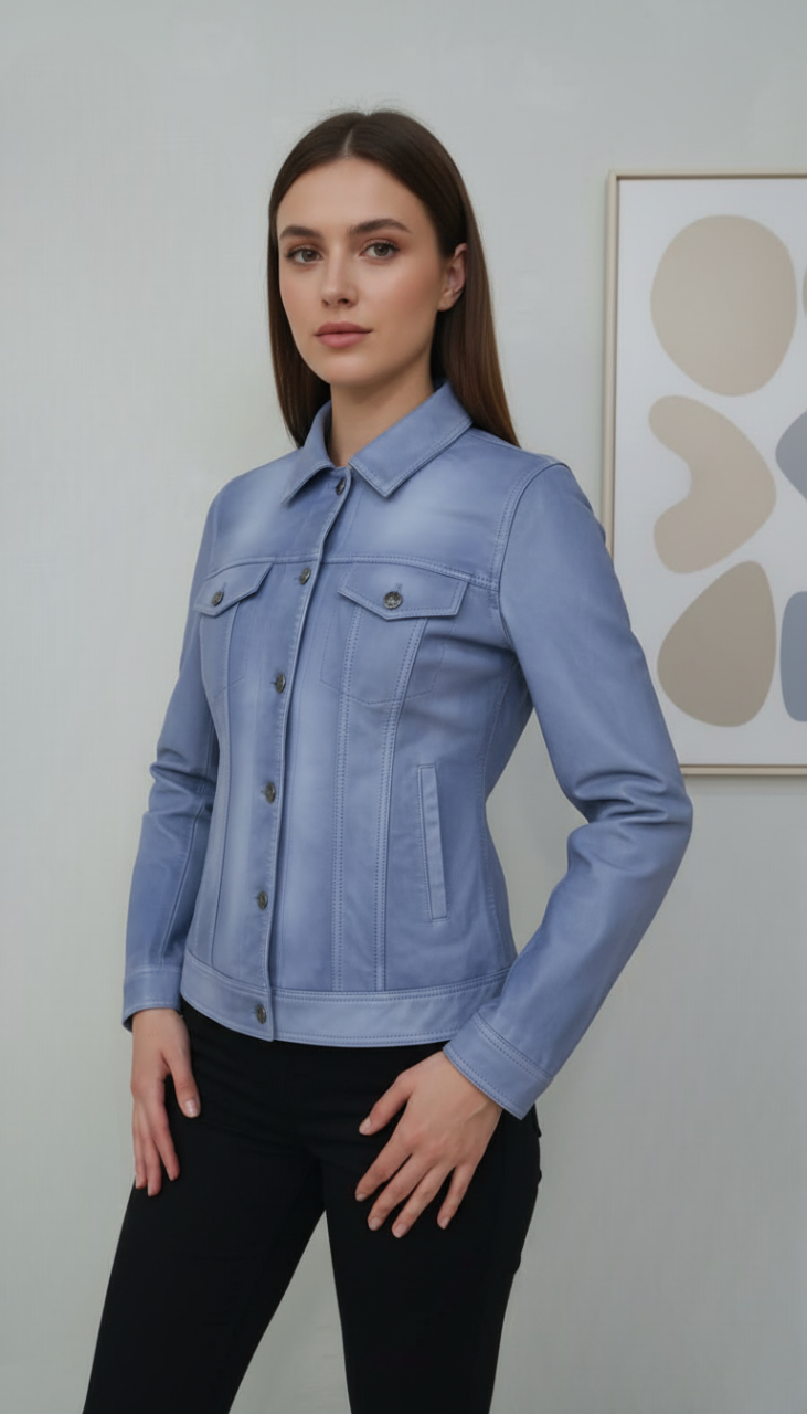 Eliane -  Sky Blue Denim Style Leather Jacket