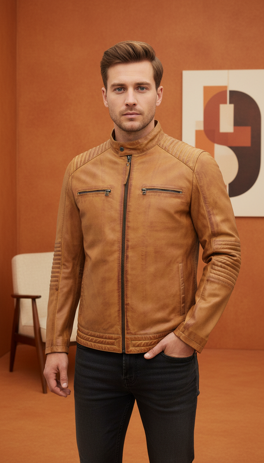 Cedric - Cognac Quilted Moto Jacket