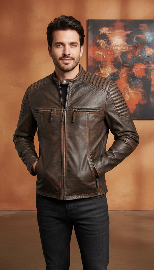 Dario - Black on Brown Two Tone Fungi Style Leather Moto Jacket