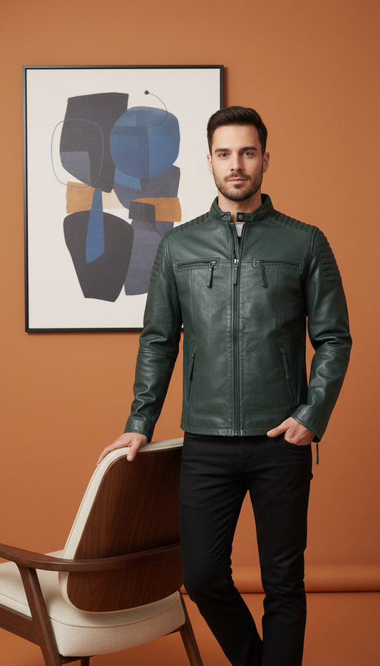 Dario - Green Leather Moto Jacket