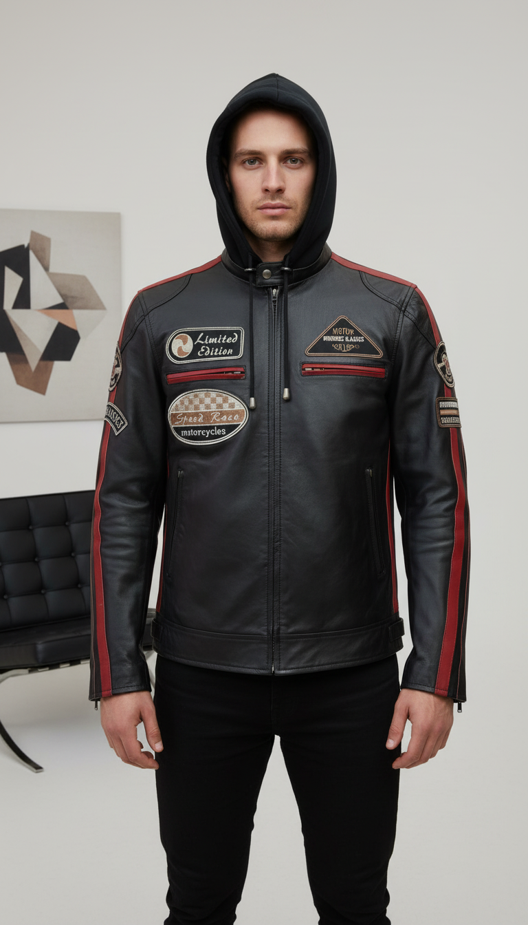 Enzo - Racer Hooded Leather Jacket