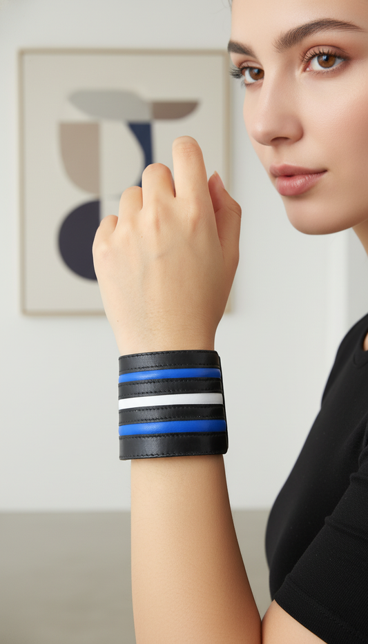 Gerhardt - Blue&White Striped Leather Wallet Cuff