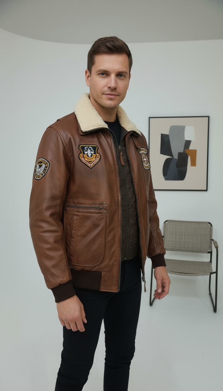 Sebastian Vetro - Cognac Aviator Genuine Leather Jacket