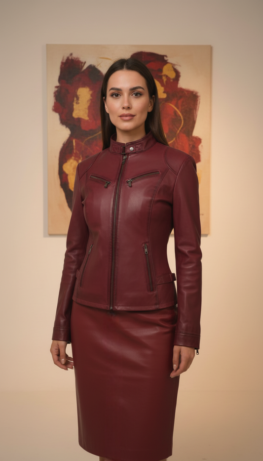 Corinne Burgundy Leather Jacket + Noir Leather Skirt - Red Leather