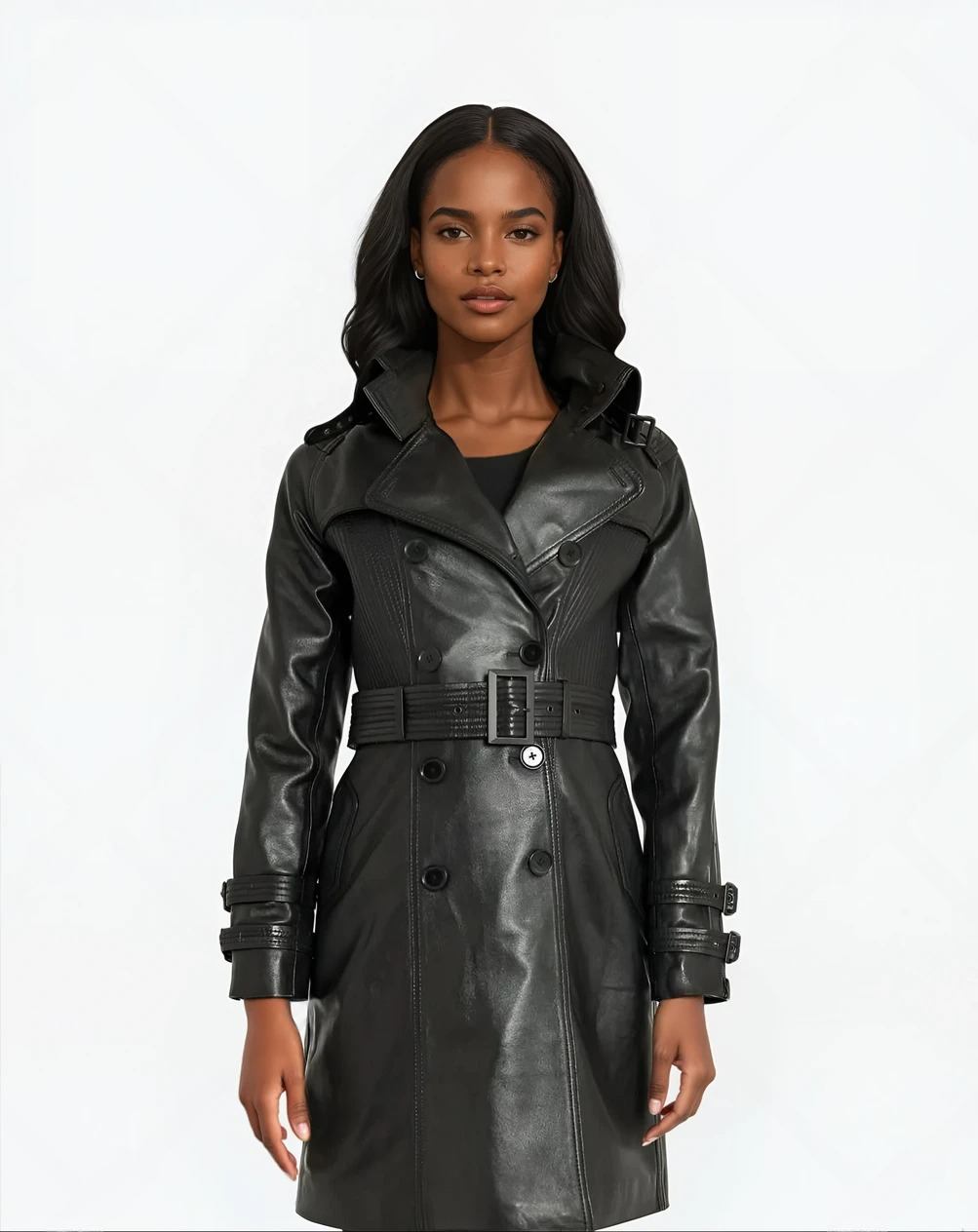 Greta - Black Leather Trench Coat