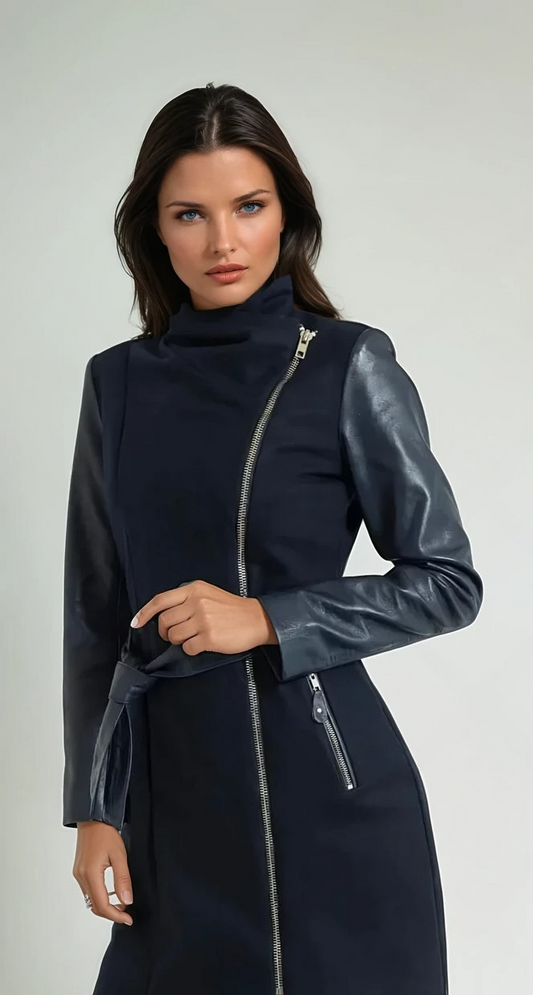 Céleste - Navy Wool & Leather Trench Coat
