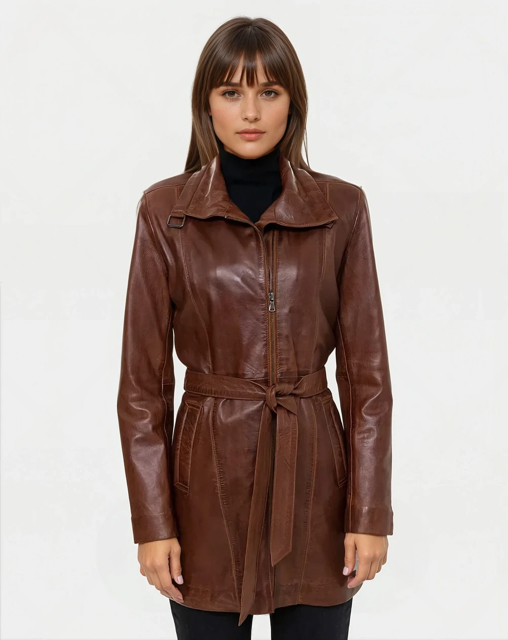 Isolde Brenner – Cognac Longline Belted Leather Coat