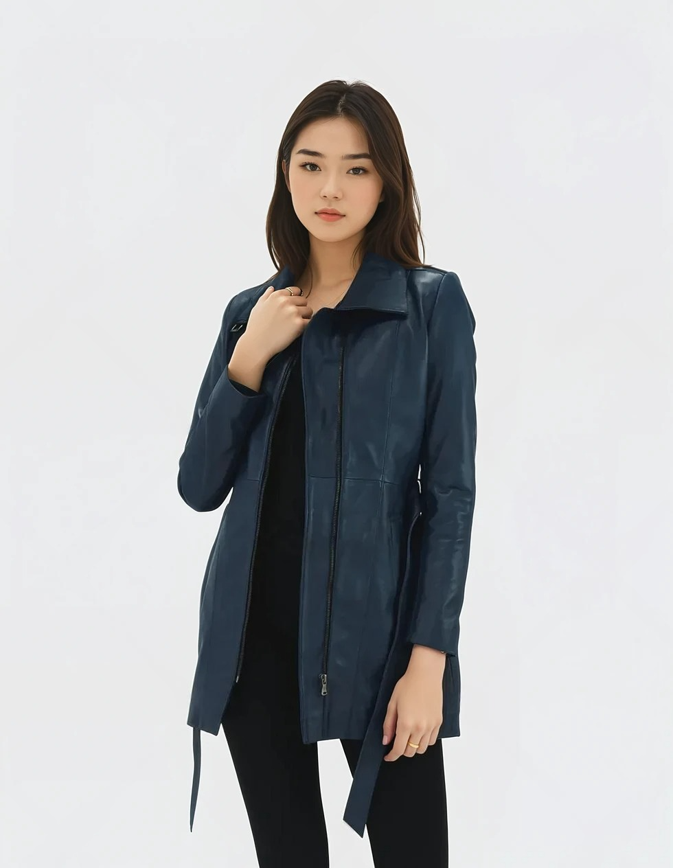 Isolde Brenner – Navy Longline Belted Leather Coat