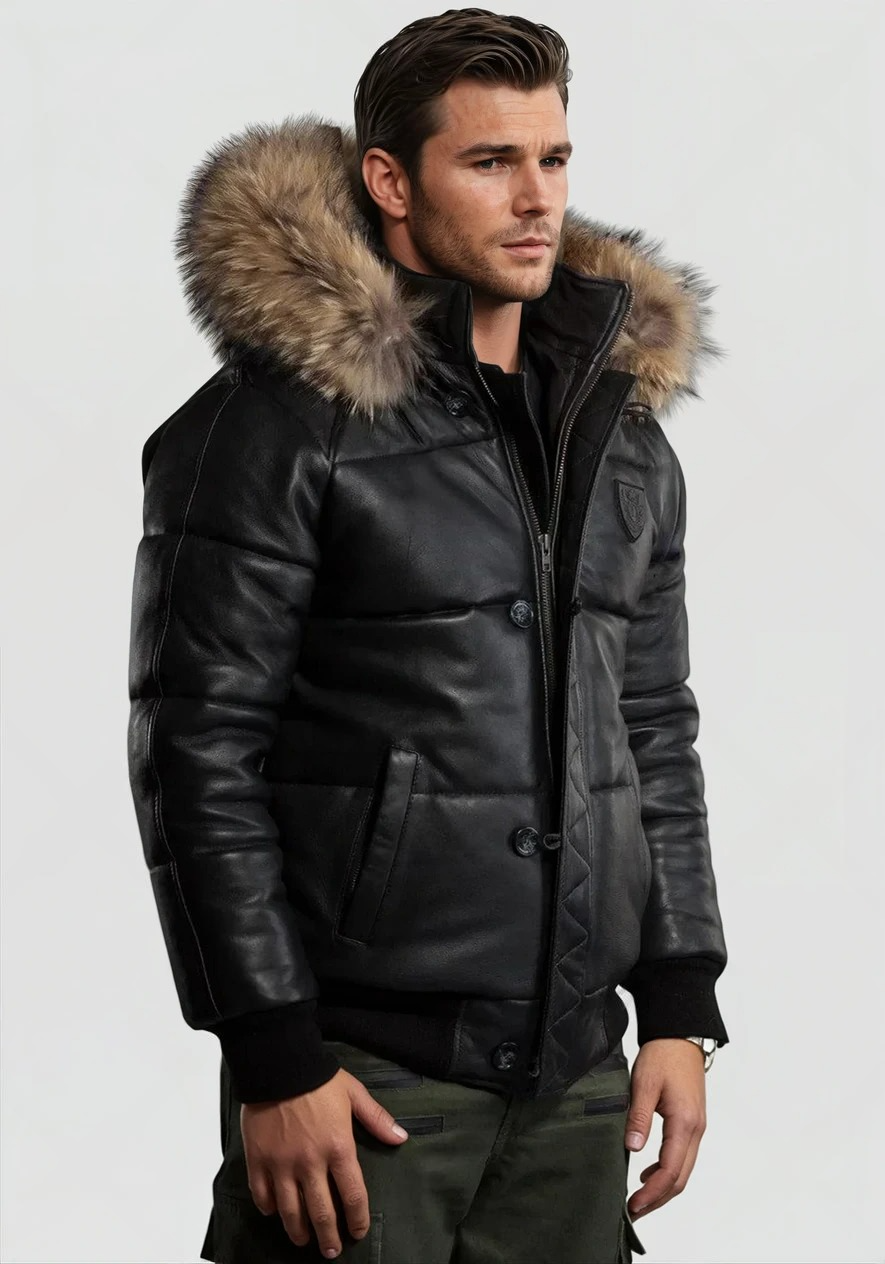 Matteo - Black Leather Puff Jacket