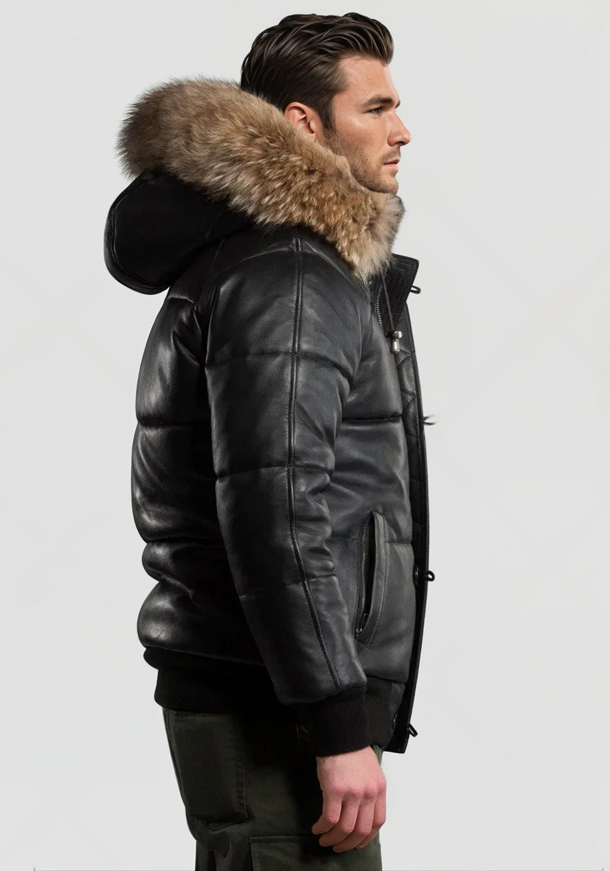 Matteo - Black Leather Puff Jacket