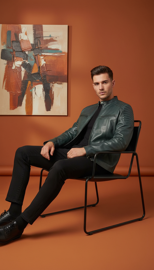 Dario - Sea Green Leather Moto Jacket