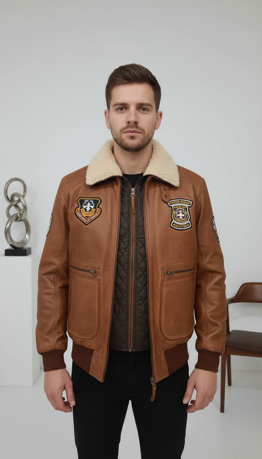 Sebastian Vetro - Light Cognac Aviator Genuine Leather Jacket