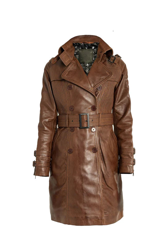 Greta - Cognac Leather Trench Coat