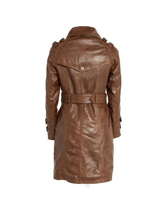 Greta - Cognac Leather Trench Coat