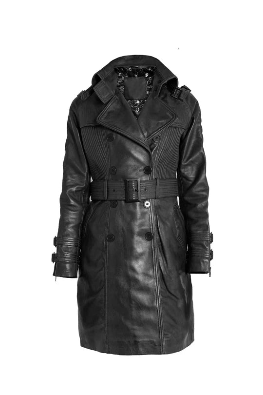 Greta - Black Leather Trench Coat