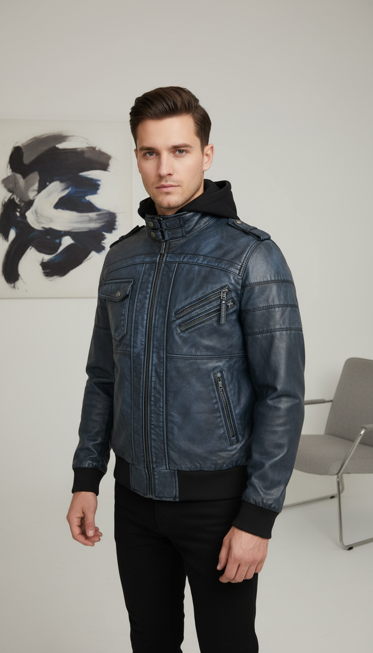 Matias - Dark Blue Leather Jacket
