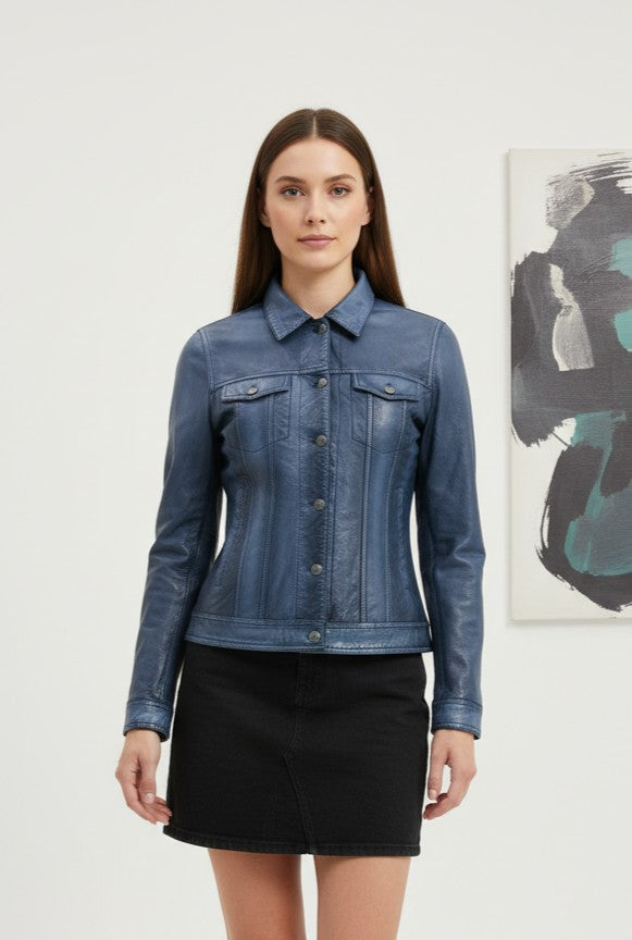 Eliane - Blue Denim Style Leather Jacket