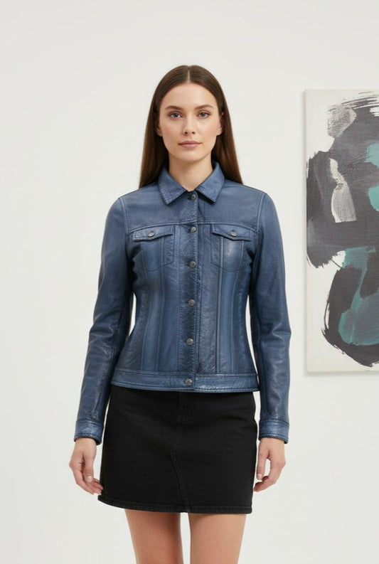 Eliane - Blue Denim Style Leather Jacket