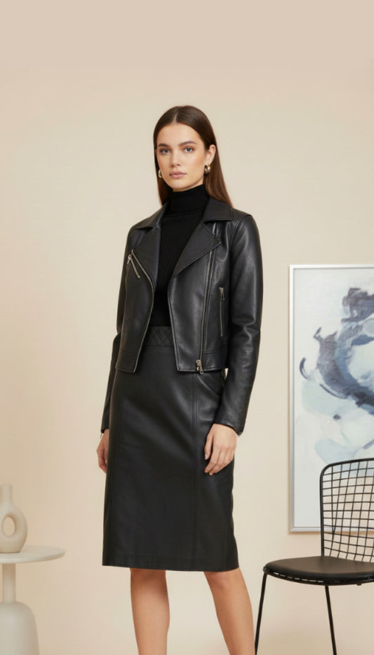 Margaux Moto Leather Jacket + Noir Skirt - Black Leather