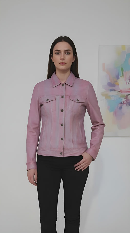 Eliane - Pink Denim Style Leather Jacket